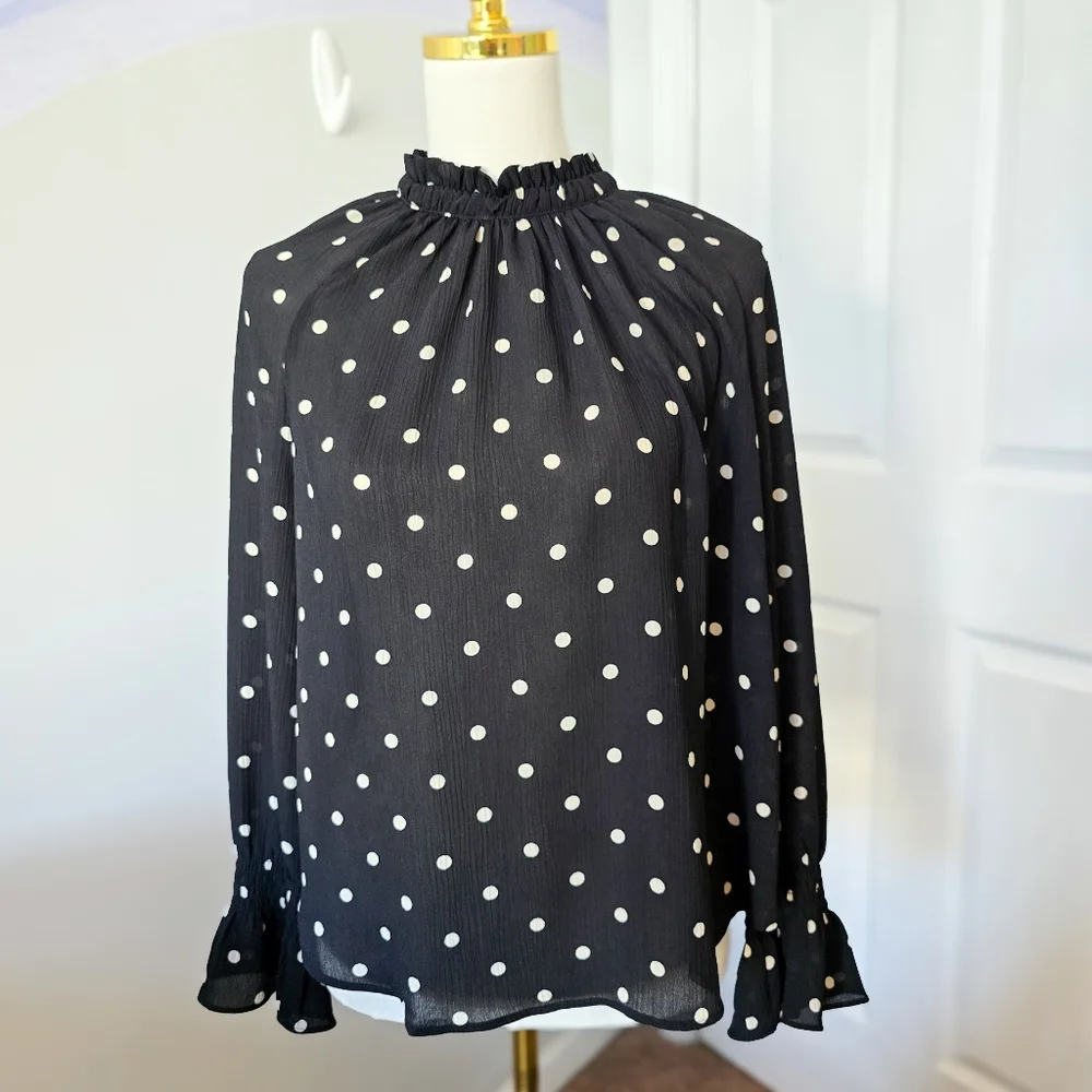 Loft | Medium | Black & White Polka Dot High Neck Blouse - Picture 1 of 9